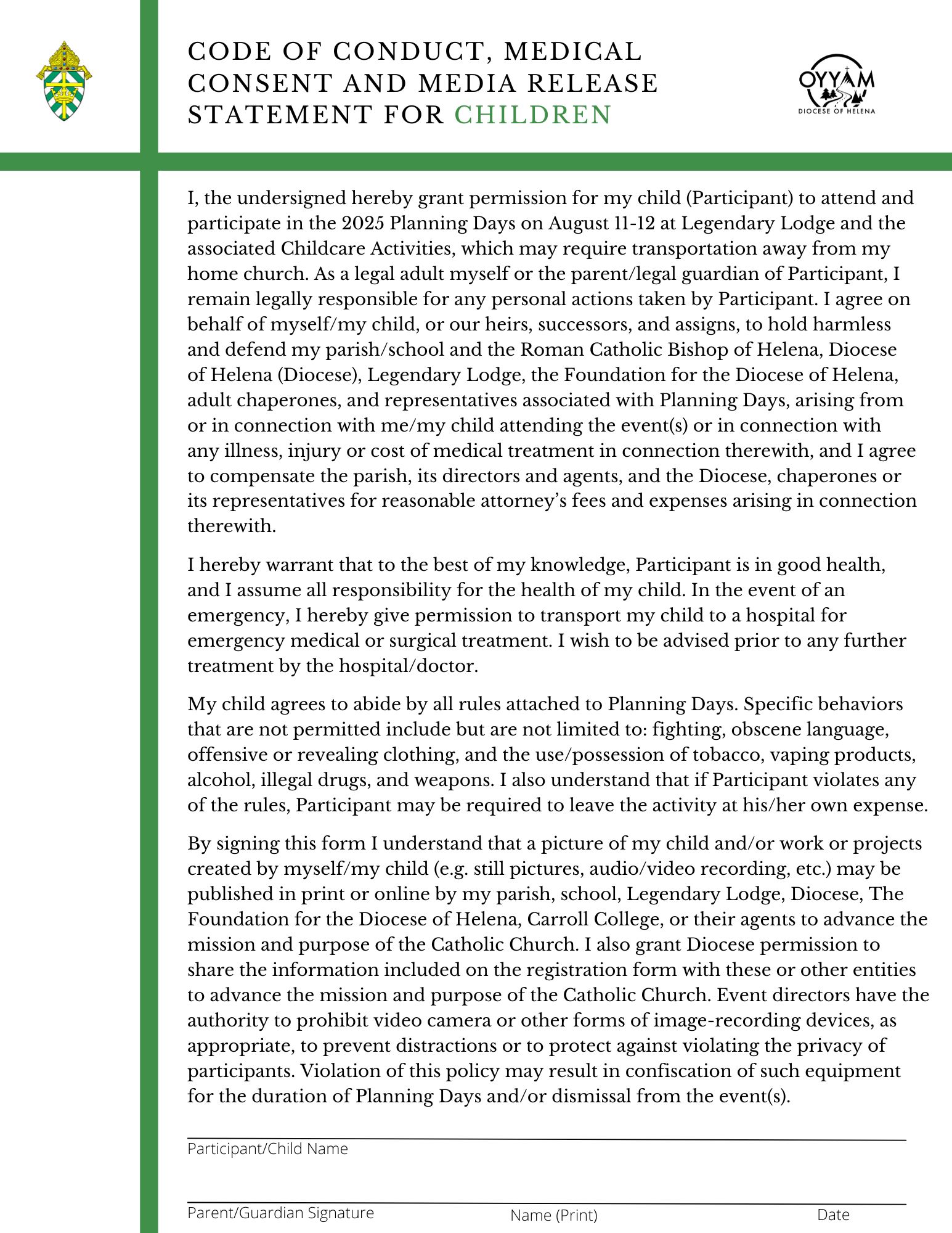 Code of Conduct, Medical Consent, and Media Release Statement for Children